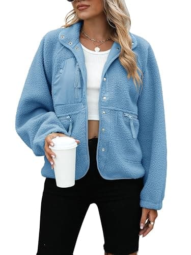 Yanekop Womens Fleece Jacket Fuzzy Long Sleeve Short Winter Coats Button Down Sherpa Jacket Outerwear with Pockets - Image 1