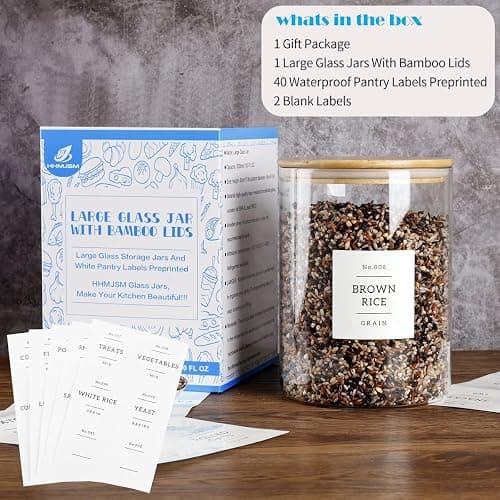 HHMJSM Large Glass Storage Jars With Airtight Bamboo Lid - 100 Fl Oz Thicken Kitchen Glass Food Storage Canister With 42 Pantry Labels - Big Clear Flour And Sugar Containers Farmhouse thumbnail 3