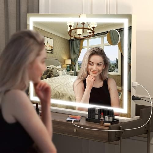 Hasipu Vanity Mirror with Lights, 28" x 20" LED Makeup Mirror, Lighted Makeup Mirror with Dimmable 3 Modes, Touch Screen Control Vanity Mirror Square White - White - 28"L x 20"W thumbnail 7