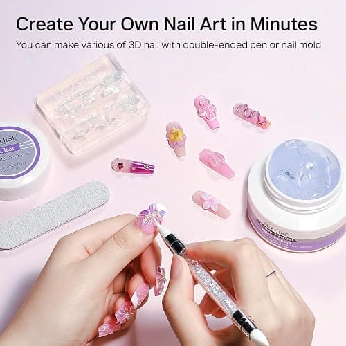 MIZHSE 3D Gel Nail Art Sculpting Gel, 60g Large Capacity Non-Sticky Clear Solid Builder Gels for Nails, Molding Hard Gels for Nail Art Charms, U V LED, with Gold Chrome Powder & Silicone Flower Mold thumbnail 5