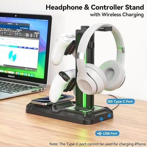 KDD Headphone & Controller Stand with Wireless Charging - Rotatable Headset Stand with 9 Light Modes - Controller Holder with 2 USB and Type C Ports - for Gamers Desktop Accessories thumbnail 2