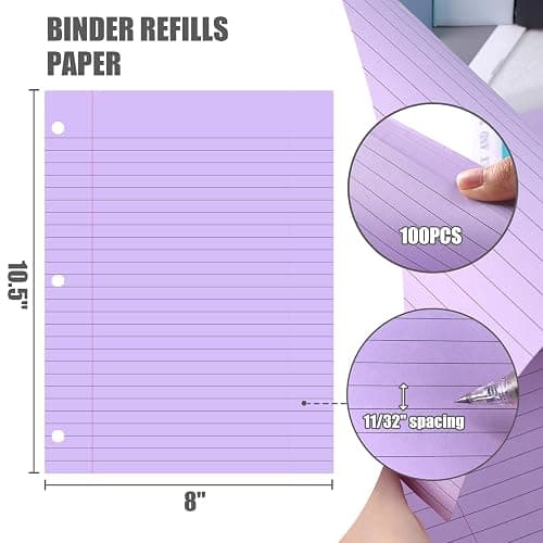 HIBOX Purple Loose Leaf Paper, 100 Sheets 8"x10.5" Colored Notebook Paper, 3-Hole Punched for 3-Ring Binders Notebook, School & College, Fights Ink Bleed, Office Planners thumbnail 2