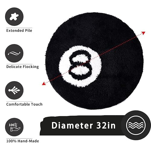 8 Ball Rug - 32 inch Black Round Carpet Billiard Pool 8 Ball Carpet, Non-Slip Flocking Floor Bath Mat for Living Room Decor, Alt Room Decor Soft Y2K Rug Hypebeast Doormat for Bedroom thumbnail 4