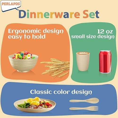 Perlapoc Kitchen Wheat Straw Dinnerware Sets for 4, Unbreakable Kids Dish Set 20 PCS - Dinner Plate/Cereal Bowl/Cup/Fork/Spoon, for Outdoor Camping, RV, Apartment Essentials - Beige thumbnail 6