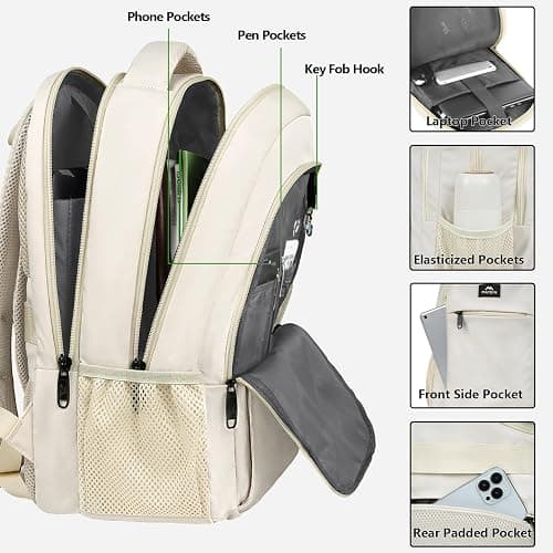 MATEIN Beige Laptop Backpack 15.6 Inch, Lightweight Sturdy Bag for College Supplies with USB Charging Port, Water Resistant Anti Theft Travel Computer Daypack Fashion Work Nurse Bag Gift for Women thumbnail 4