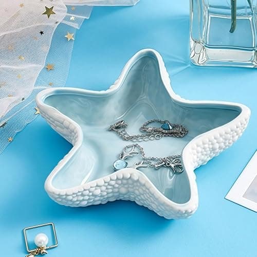 Koyzsen Starfish Jewelry Dish Ceramic Holder Ring Trinket Tray, Ocean-themed Decorative Trinket Dish, Suitable for Mother Friend Sister, Gifts for Women, Home Decor Trinket Dish(Sea Blue) thumbnail 2