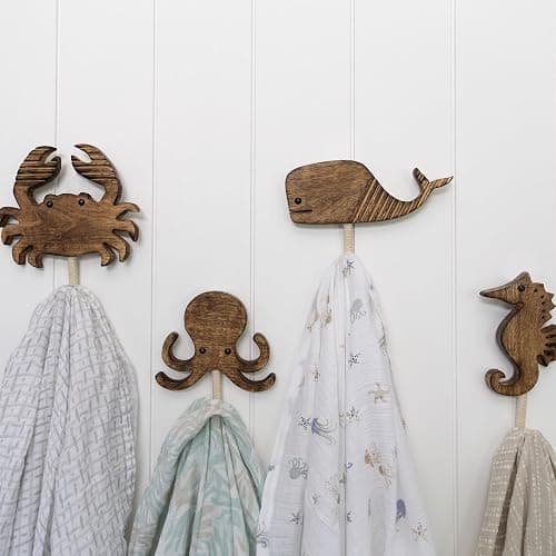 Crane Baby Sea Life Wooden Wall Hooks - Set of 4 Wooden Ocean Nursery Decor Towel Hooks, Brown thumbnail 2