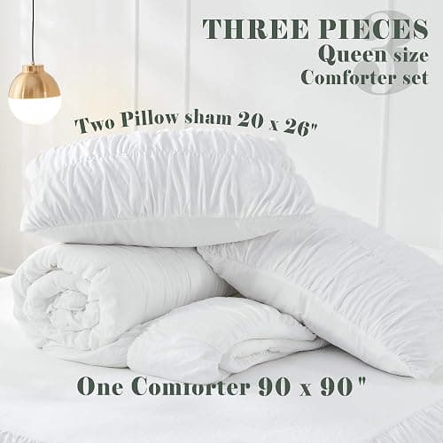 Bonlino Queen Comforter Set White Bedding - Ruched Comforter Queen Size Bed Set Boho Shabby Chic Bedding for Bedroom Comforter Fluffy 3 Piece Ruffle Comforter Set with Pillow White Soft thumbnail 6