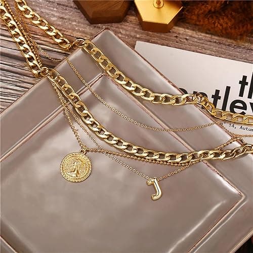 MJartoria Gold Layered Necklaces for Women Trendy Balloon Initial Pendant Necklace Dainty Chunky Chain Choker Necklaces Jewelry Birthday Gifts - Gold - J thumbnail 7
