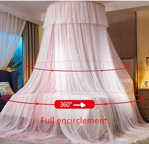 VETHIN Bed Canopy Princess for Girls,Bed Canopy Curtain Double Layer Sheer Mesh Dome Bed Curtain- Round Lace Princess Mosquito Net Tent for Twin Full Queen King Bed(Pink/White) thumbnail 6
