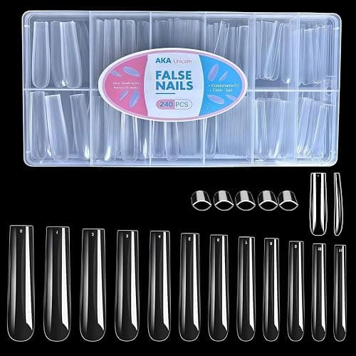 AKA Unicorn 240Pcs Soft Gel Nail Tips, Long Square Clear Full Cover Fake Nails, XXL Acrylic Nail Extensions Kit, Clear Press On Nails Tips for Home DIY & Beginner, 12 Sizes - Image 1