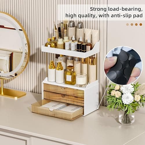 StorBin 3 Drawers Makeup Organizer - 5 Tier Bathroom Counter Organizers and Storage, Versatile Perfume Vanity Organizer, Ideal for Cosmetic, Large Skincare, Face Mask, Office Supplies, Amber thumbnail 8