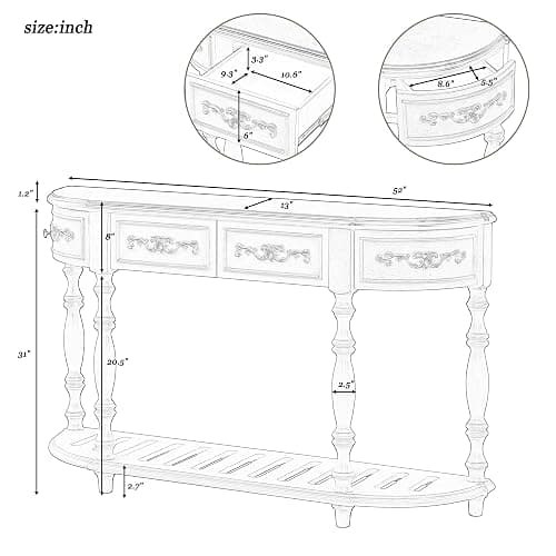 LUMISOL Retro Half Moon Console Table with 4 Storage Drawers, Curved Sofa Table Behind Couch, Half Round Accent Table with Shelf for Entryway Living Room Hallway, Black thumbnail 3