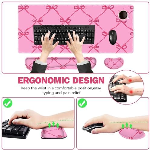 ToLuLu Large Mouse Pad Desk Pad Set, Wrist Rest Support Desk Mat for Keyboard Mouse, 4PCS 35.4”x15.7 XXL Giant Mouse Pad, Non-Slip Base Stitched Edges Mousepad Office Desk Decor, Hot Pink Bow thumbnail 6