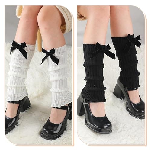 Geyoga 4 Pairs Winter Velvet Bow Leg Warmers for Women Warm Leg Warmer Kawaii 80s Y2k Coquette Japanese Knitted Boot Socks thumbnail 3