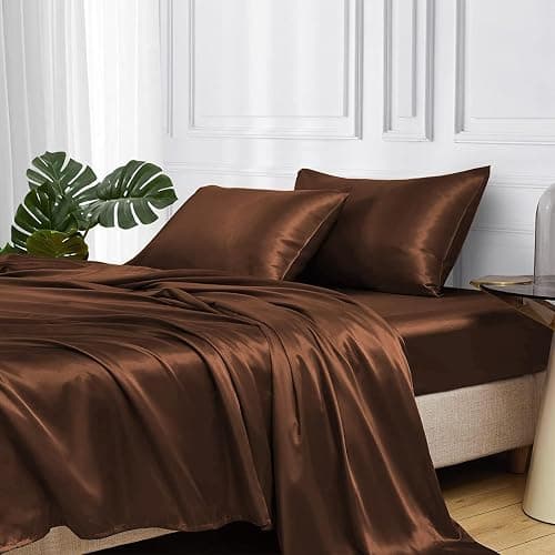 MR&HM Satin Bed Sheets, Full Size Sheets Set, 4 Pcs Silky Bedding Set with 15 Inches Deep Pocket for Mattress (Full, Brown) - Image 1