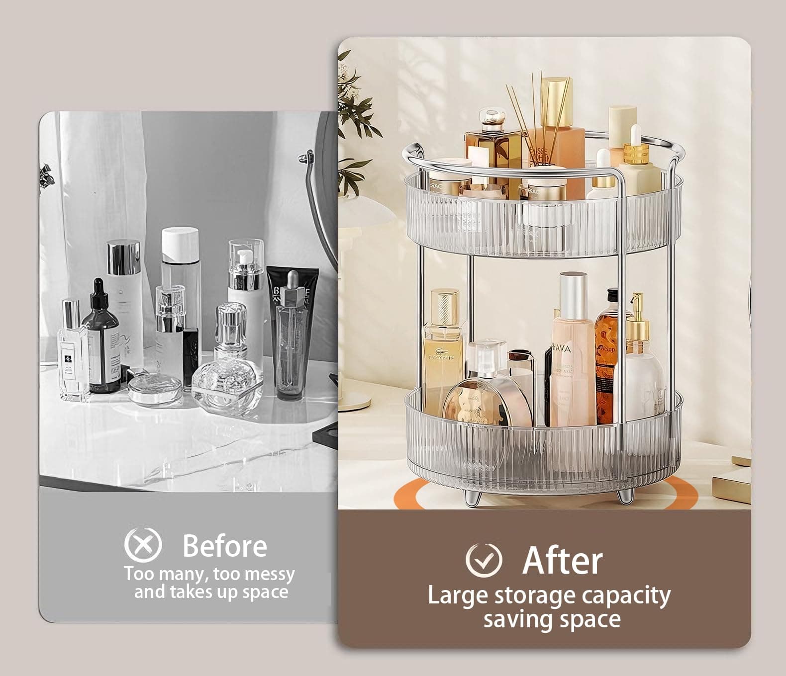 360° Rotating Makeup Organizer for Vanity, 2 Tier Skincare Perfume Organizers and Storage for Bathroom Countertop, Clear Make up Brush Holder Lazy Susan for Counter (Transparent, 2 Tier) - 9.4" x 9.4" x 15.7" thumbnail 6