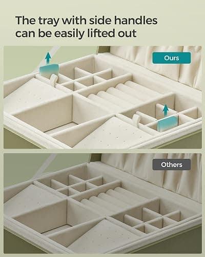 SONGMICS 2-Layer Jewelry Box with Handle, Removable Tray, Floating Effect | Jewelry Organizer, 8.1 x 9.4 x 4.3 Inches, Gift for Loved Ones, Sage Green and Cream White, GREETA Collection UJBC165C02 thumbnail 7
