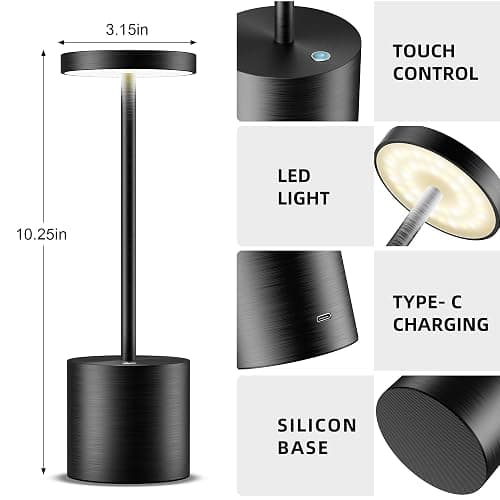 JALVDE Cordless Table Lamps Rechargeable - Outdoor Waterproof LED Table Light Portable 5000mAh Battery Operated Lamp 3 Color Stepless Dimming with Memory Function for Restaurant Dining Patio Black - Black thumbnail 2