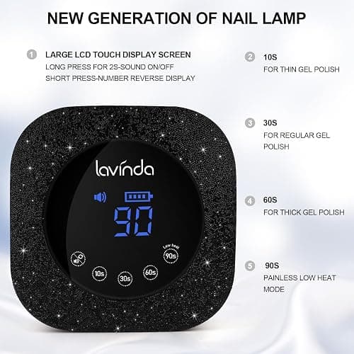 Lavinda 54W UV Nail Lamp, UV Light for Gel Nails, Cordless Rechargeable UV LED Nail Lamp Nail Light with 4 Timer and LCD Display, Professional Fast Curing Lamp Nail Dryer with Black Rhinestone thumbnail 2