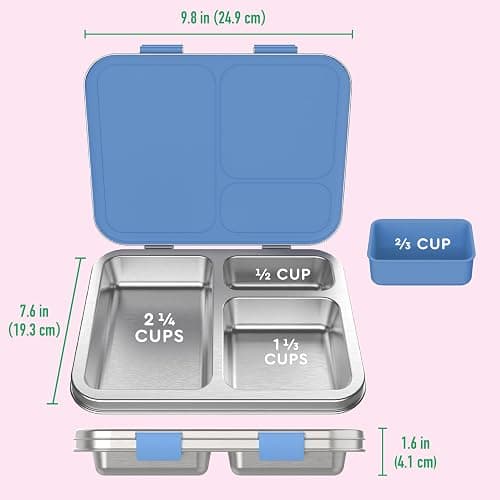 Bentgo Kids Stainless Steel Prints Leak-Resistant Lunch Box - 3-Compartments with Silicone Container, Durable, Eco-Friendly, Dishwasher Safe, BPA-Free, for School, Ages 3+ (Rainbows & Butterflies) thumbnail 3