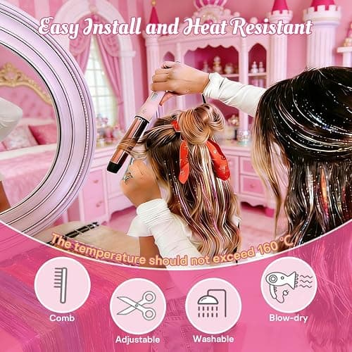 Plenday Hot Pink Hair Tinsel Clip In,18Pcs 24 Inch Fairy Hair Accessories | Beginners Friendly,Heat Resistant,Glitter Hair,Back to School Birthday Stage Party, Gift Festival,Cosplay,Women/Girls/Teen thumbnail 2