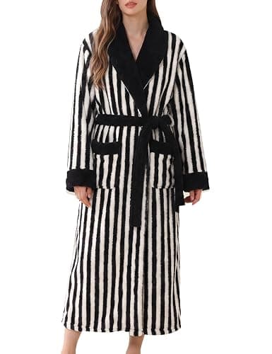 ACTCHIC Womens Striped Fluffy Robe Long Plush Robes Warm Fuzzy Bathrobe | Thermal Robe,Shawl Collar,Belted,Patch Pockets,Wrapped, Loungwear,Shower,Housecoat,Color Block,Cozy - Image 1
