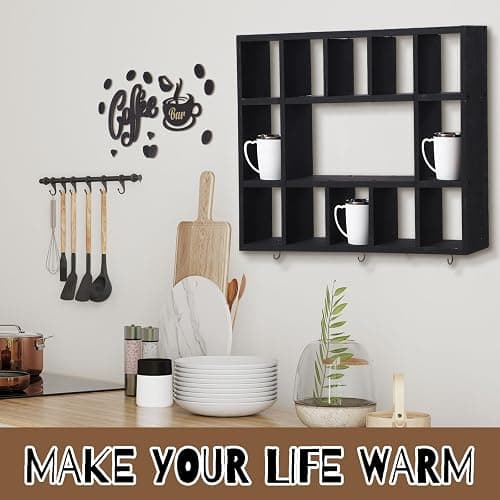 Cinnvoice Oversize Coffee Mug Display Shelf for Wall Wood Coffee Mug Rack Wall Mounted Shelf Cubes Cup Hooks Hanger with Bar Sign Decor for Kitchen Station Bar Accessories(Black) thumbnail 6