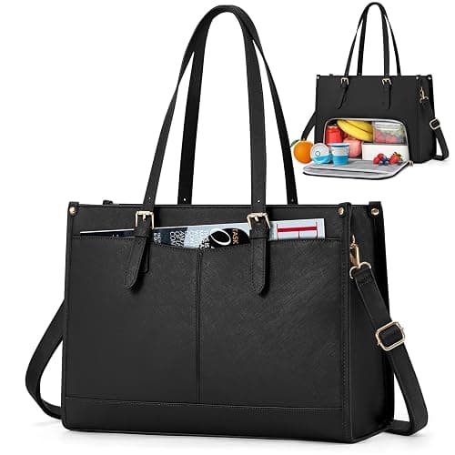 Lunch Tote Bag for Women 15.6 Inch Laptop Bag with Insulated Lunch Compartment Leather Quilted Computer Tote for Teacher Work - Image 1