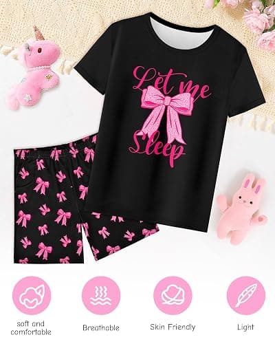 Sylfairy Girls Pajamas Sets Short Sleeve Summer Pjs for Girls Bow Sleepwear Kids Clothes Sets Size 3-16 thumbnail 4