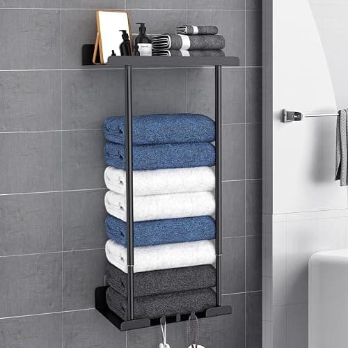 Towel Racks for Bathroom, No Drilling Towel Holder Towel Rack, Towel Storage Wall Mounted, Adjustable Towel Rack Bathroom Storage, Bathroom Towel Shelf for Rolled or Folded Towels, Black - Image 1