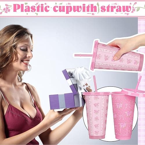Zhehao 12 Pack Bow Floral Cups Plastic Coquette Bow Straw Tumblers Cold Cups with Lids and Straws Bulk for Iced Coffee 24 oz Reusable Travel Mug Cup Gifts for Girl Women Mom Adults thumbnail 6