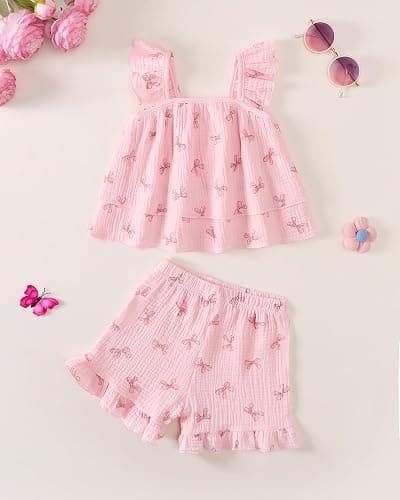 Jecson Toddler Girl Outfits Baby Girl Summer Clothes Sleeveless Ruffle Dress Tops and Shorts Clothing Sets 12M-4Y thumbnail 2