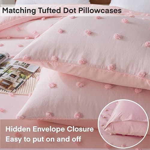 Paxrac Tufted Pink Full Comforter Set (80x90 inches), 3 Pieces- Soft Cotton Blush Lightweight Comforter with 2 Pillowcases, Chenille Dots All Season Down Alternative Comforter Set for Bedding - Pink - Full(80''x90'') thumbnail 6