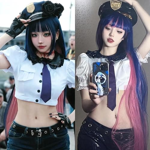 ANOGOL Hair Cap+ Blue Mix Pink Wig 105cm Long Straight Stocking Wigs for Girl with Bangs Costume for Women Synthetic Hair Wigs for Stocking Cosplay Halloween Wig Anime Party thumbnail 2