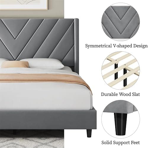 Yaheetech Queen Bed Frame Upholstered Platform Bed with Wing Side/Wooden Slat Support/Tufted Headboard with Wing Side/Mattress Foundation/No Box Spring Needed,Light Grey Queen Bed - Light Grey - Queen thumbnail 5