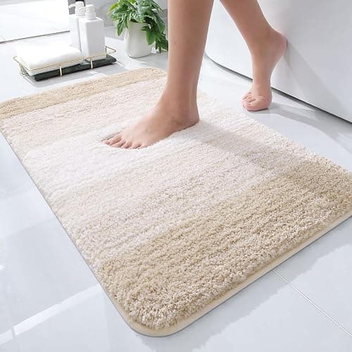 OLANLY Luxury Microfiber Bath Mat, Extra Soft and Absorbent Bathroom Mat, Non-Slip Plush Shaggy Bathroom Rug, Machine Wash Dry, Bath Rugs for Bathroom Floor, Tub and Shower, 16x24, Light Beige - Image 1