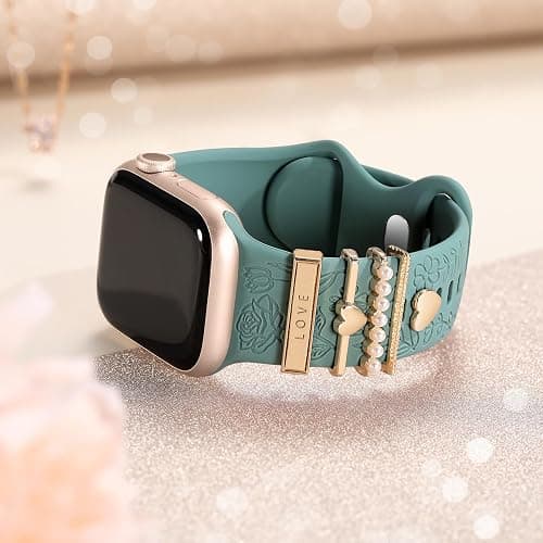 DaQin Flower Engraved Band Compatible with Apple Watch Bands for Women 40mm 38mm 41mm 42mm, Soft Silicone Strap With Dressy Decorative Apple Watch Charms for iWatch Series 11 10 9 8 7 6 5 4 3 2 1 SE thumbnail 9