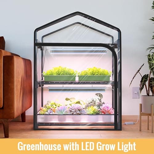 SpeePlant Mini Indoor Greenhouse with Grow Light, 2-Tier Plant Stand with PVC Tent, Ventilation Window, Bottom Pouch, 20W Full Spectrum Grow Light with Timer, for Seed Starting, 27" L x 19" W x 35" H thumbnail 2