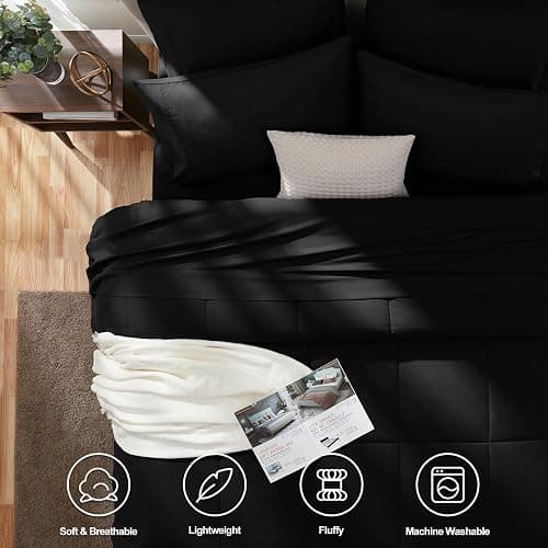 CozyLux King Size Comforter Set Black, 7 Pieces Bed in a Bag, Black Comforter King Size, All Season Bedding Sets with Stitch Quilted Comforter, Flat Sheet, Fitted Sheet, Pillowcases thumbnail 3