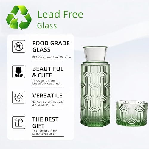 TANMESSO Mouthwash Dispenser, Bedside Water Carafe with Cup And Glass Set, Mouth Wash Dispensers for Bathroom, 21.6 Oz Glass Mouthwash Container with 6 Oz Drinking Cup As Lid (Green) thumbnail 4