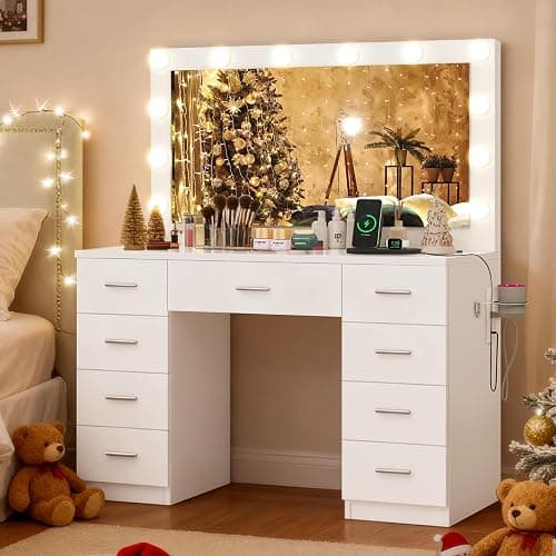 FIONESO Vanity Desk with Glass Top & Lights Mirror, 3 Adjustable Lighting Color, Makeup Vanity with 9 Drawers and 12 LED Lights, Dressing Table for Bedroom, Vanity for Girls, White thumbnail 9