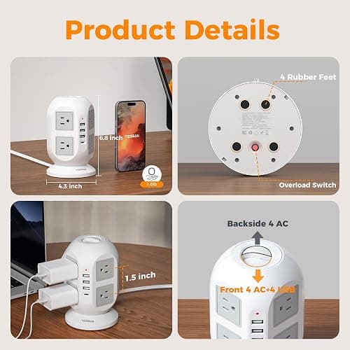 TESSAN Tower Surge Protector Power Strip, 10 ft Long Flat Extension Cord | 8 AC Outlets with 4 USB Ports (1 USB C), Charging Station with Surge Protection, for Home Office Dorm Room Essentials thumbnail 6