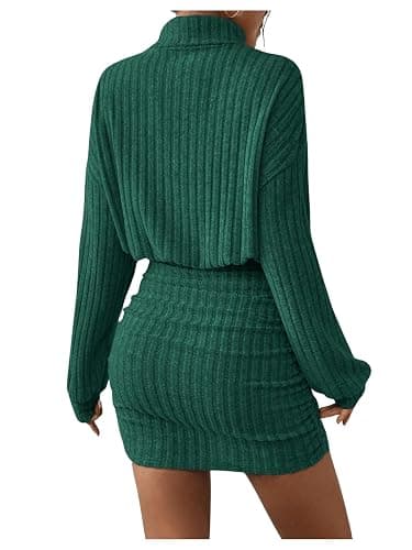GORGLITTER Damen Pulloverkleid Stehkragen Freizeitkleid Rippstrick Winterkleid Kurzes Figurbetontes Kleid - M - Dunkelgrün thumbnail 2