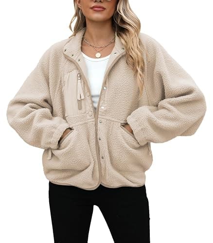 Yanekop Womens Fleece Jacket Fuzzy Long Sleeve Short Winter Coats Button Down Sherpa Jacket Outerwear with Pockets thumbnail 3