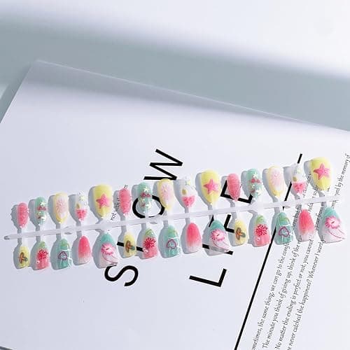 30pcs Summer Press on Nails Medium Almond Fake Nails with 3D Flower Starfish Designs Summer Beach False Nails Pearl Glue on Nails Handmade Full Cover Acrylic Nails Stick on Nails for Women thumbnail 5