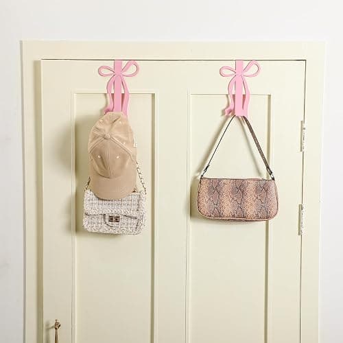 Chunful 2 Pack Pink Bow Over The Door Hook, Metal Strong Door Hanger Hook Coquette Room Decor Bow Accessories for Cabinet Living Room Bathroom Bedroom Kitchen Hanging Clothes Towels Hats Coats Bags thumbnail 4