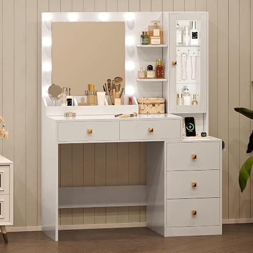 HUANLEGO Vanity Desk with Mirror and Lights, White Makeup Vanity Mirror with Lights Desk with 5 Drawers, Jewelry Organizer& LED Glass Cabinet, 3 Light Mode Dressing Table Set for Girls, Women thumbnail 4
