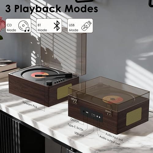 Portable CD Player with Bluetooth 5.3, Hi-Fi Speakers,3.5mm AUX, USB Playback Retro CD Player for Home(Brown) thumbnail 5