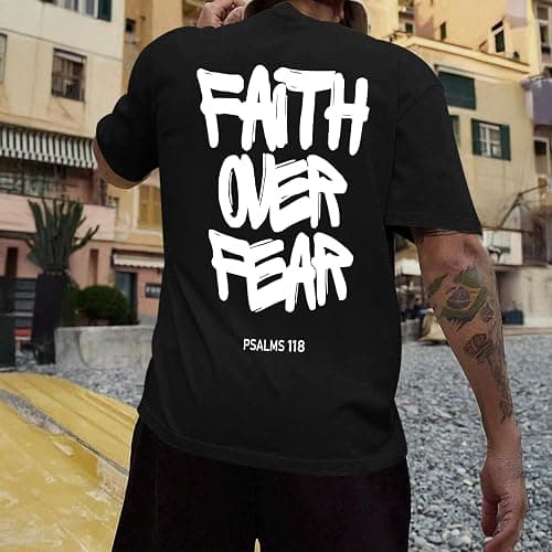 VikkBiss Christian Faith Over Fear Shirts for Men Jesus Religious Shirt Inspirational Oversized Graphic Tees God T-Shirt Tops thumbnail 5